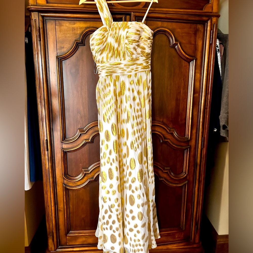 Silk and metalic lined one shoulder gold and off white